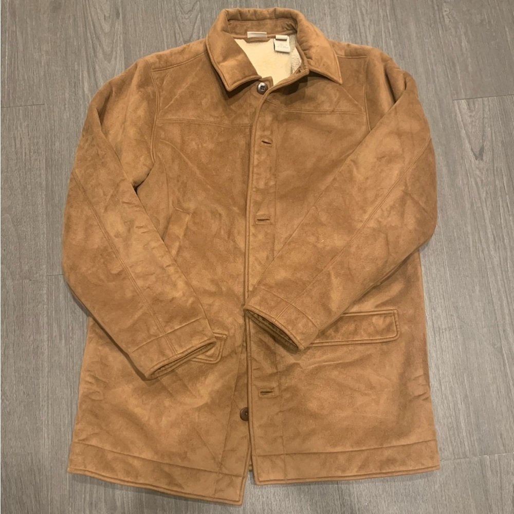 LL BEAN Jacket Coat Sherpa Lined Mens Faux Suede Brown Ranch Size Large Tall